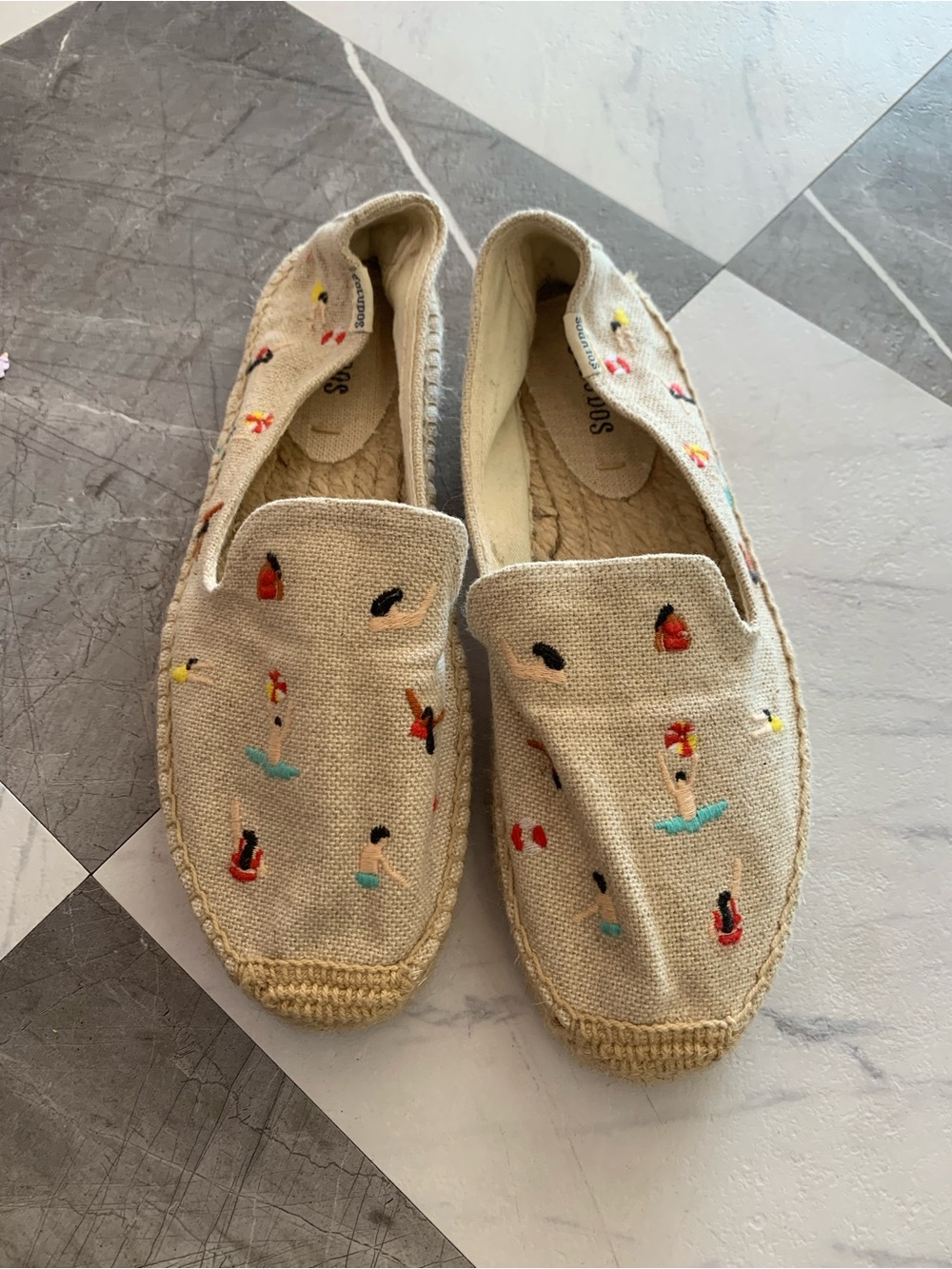 Soludos Cream Espadrille Slip-Ons with Multicolor Swimmer Embroidery